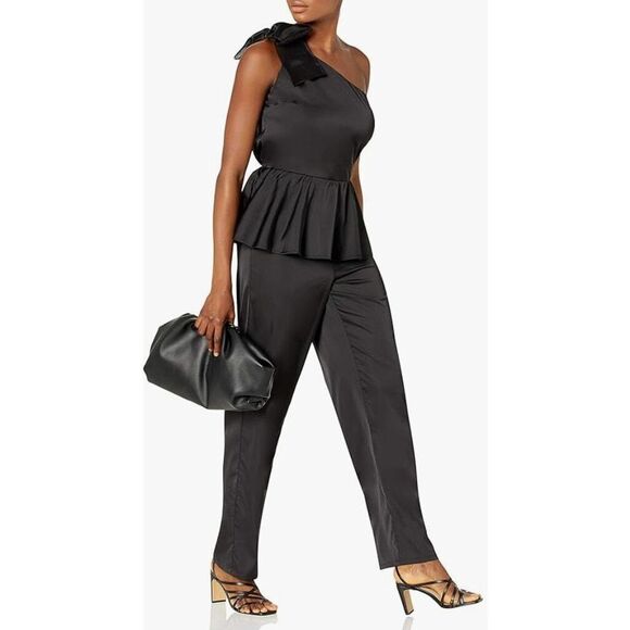 One-Shoulder Silky Stretch Jumpsuit with Peplum Flounce- The Drop,  Black XS - Picture 4 of 5